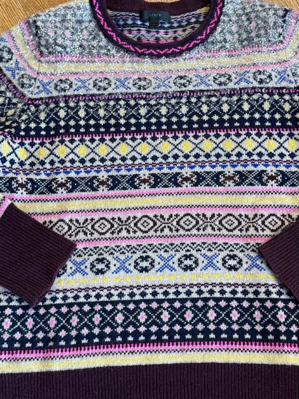 J. Crew Fair Isle Crewneck Sweater in Burgundy, Pink and Yellow